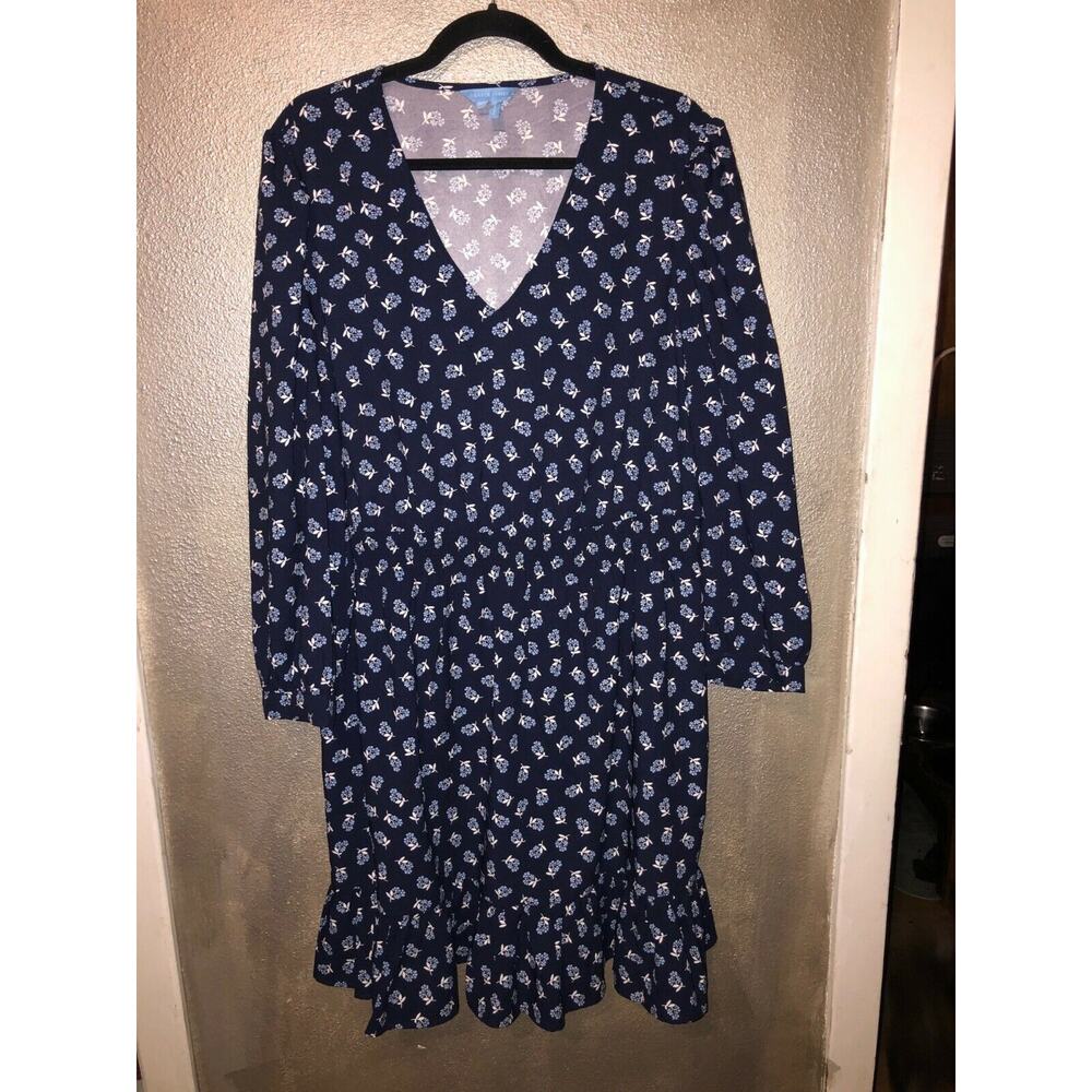 Draper James Preppy Office Casual Dark Navy Floral Peasant Long Sleeve Dress